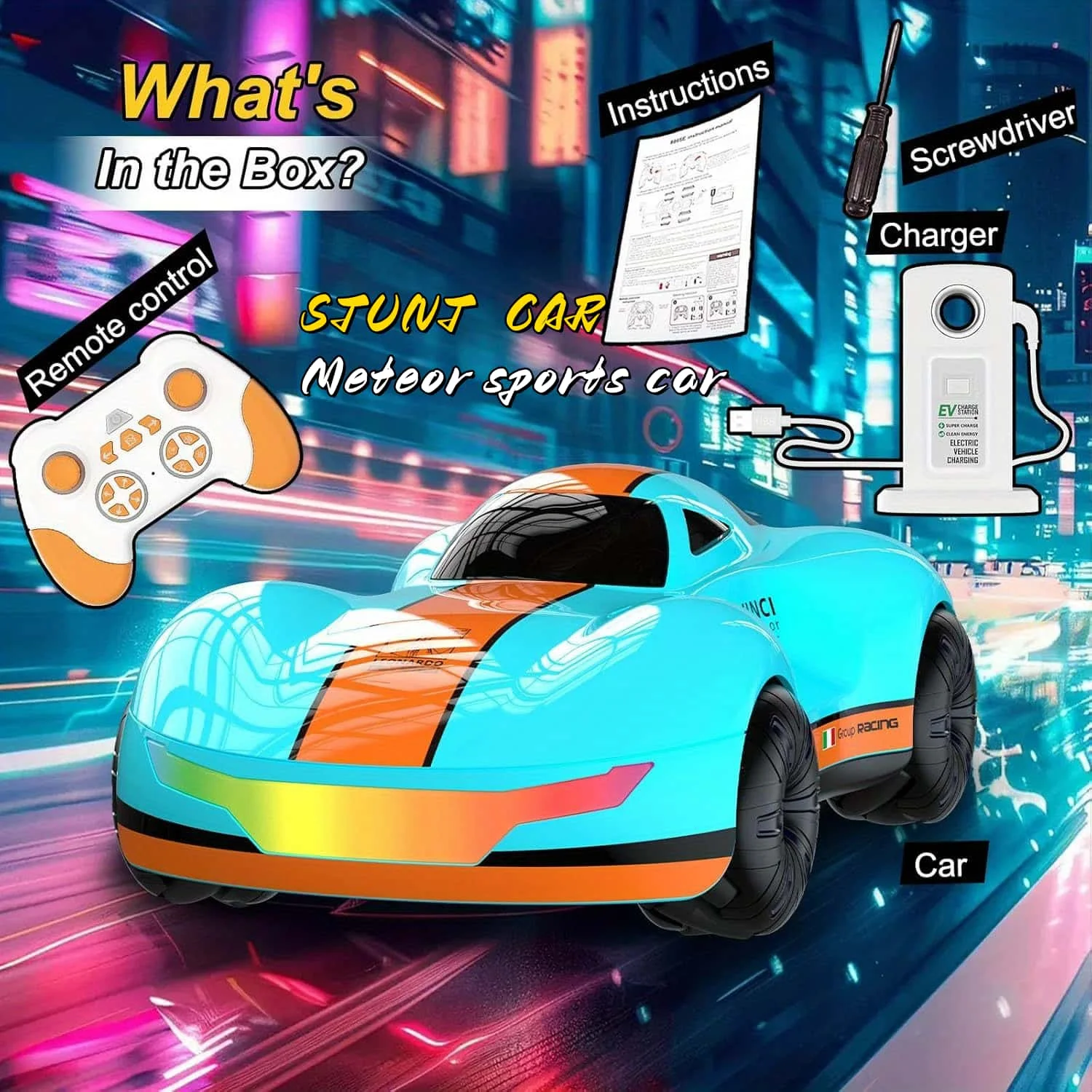 

Новая крутая игрушечная машинка с дистанционным управлением Meteor Supercar, дрифтовая машина с двойным распылением, музыкальным и полноприводом, идеальный праздничный подарок.