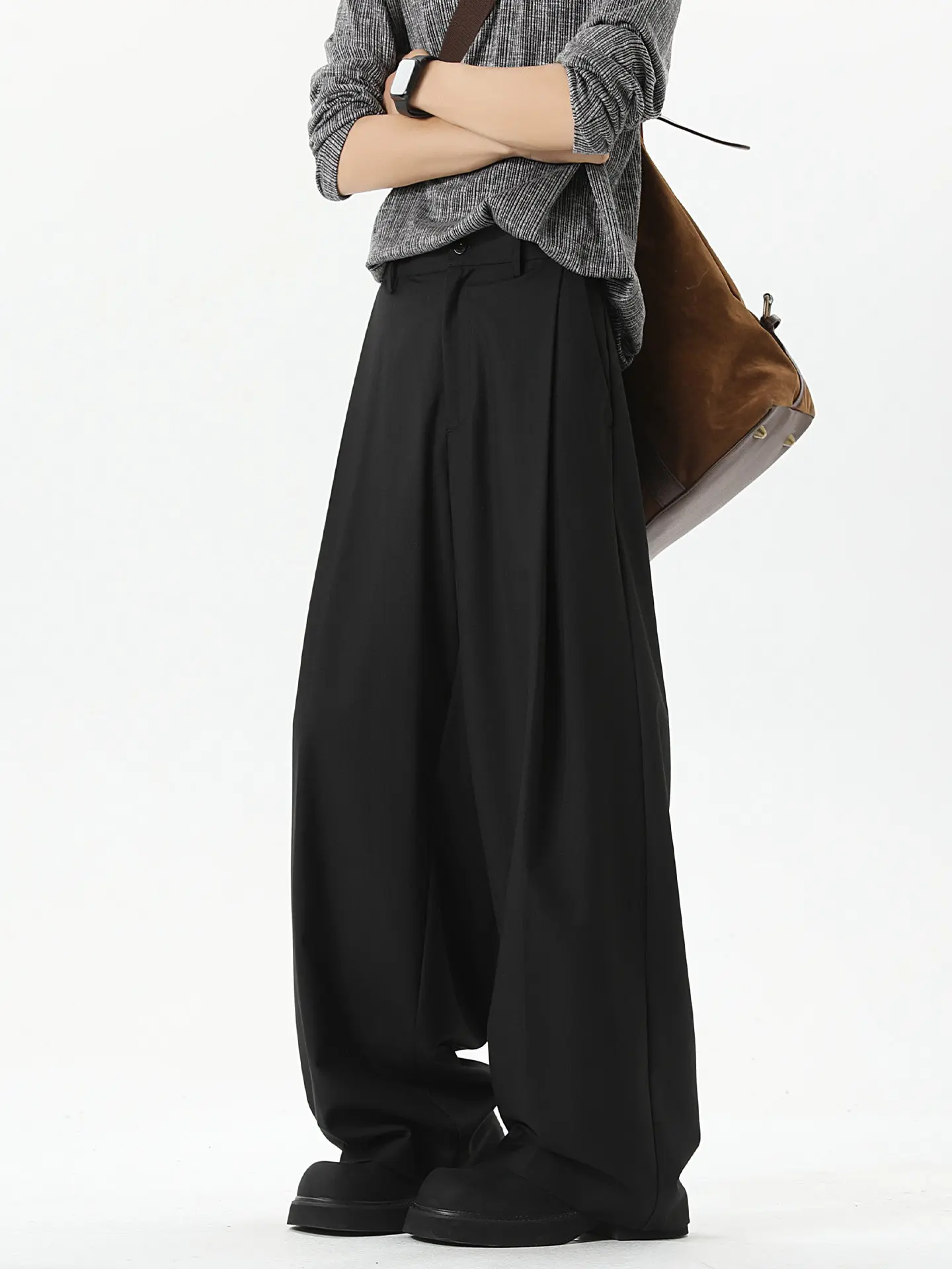 Men's Black Wide‑Leg Suit Pants, Autumn High‑End Edgy Handsome Plus Size Men's Wear, Loose Straight‑Leg Suit Trousers