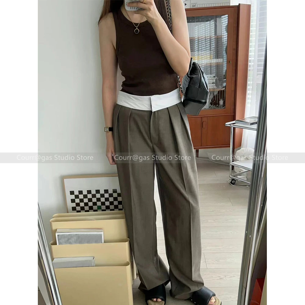 

Women's 2024 Early Autumn new commuter versatile colour blocking waist pleat tuck wool loose casual wide-leg suit trousers