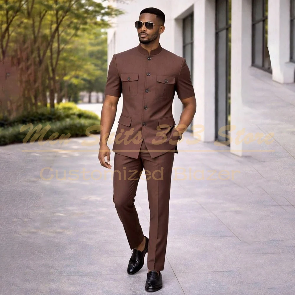 

Summer Safari Men's Suits Fashion Regular Fit Short Sleeve Blazer Elegant Luxury Single Breasted 2 Piece Jacket Pants Outfits