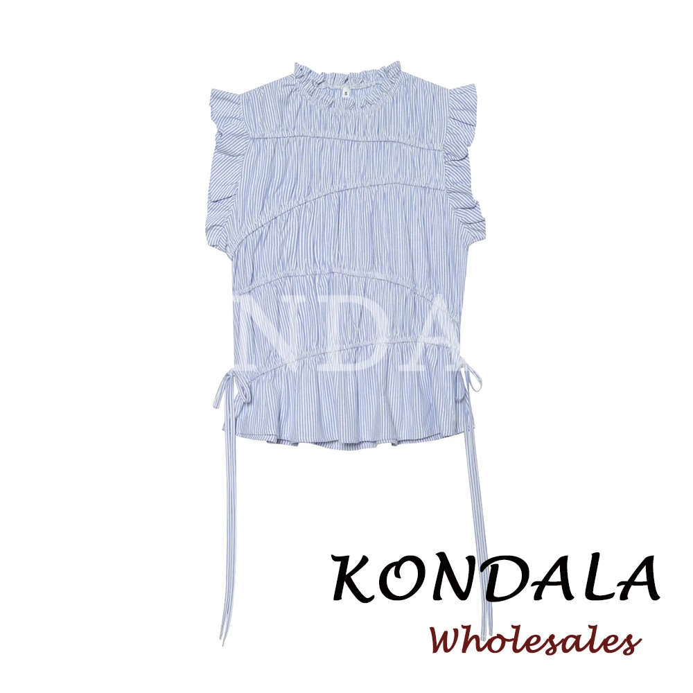 KONDALA Elasticity Striped Summer Blue Y2K Woman Vest Casual Drawstring O-Neck Top Fashion 2026 Tank Bow Modern Streetwear Vests