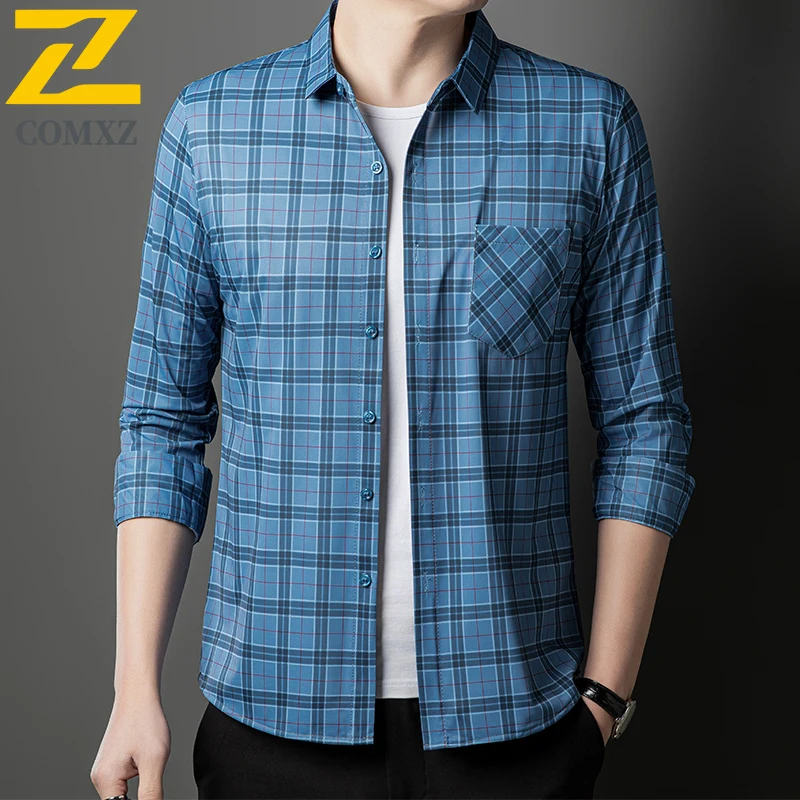 Men's Shirt Fashion Checkered Stripe Design Wrinkle Resistant Comfortable Breathable Long Top Business Casual Lapel Men Clothing