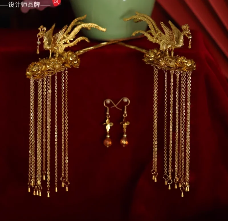 

Golden Phoenix Tassel Hairpin Bridal Headwear Chinese Wedding Hair Accessories