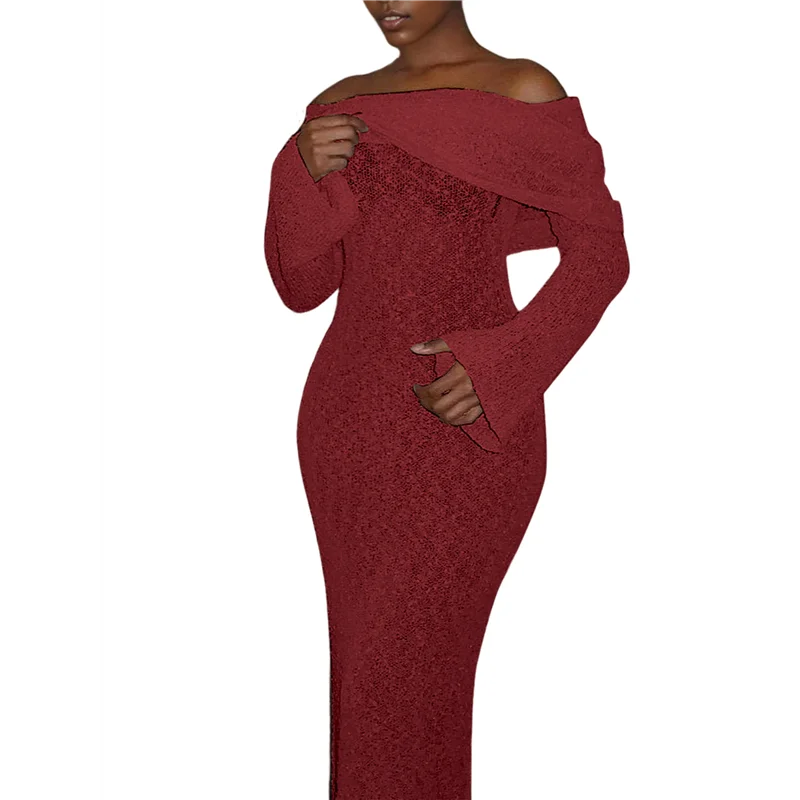 レディース オフショルダー ボディコン セータードレス フォーマル 長袖 エレガント クラブ パーティー ミディ マキシドレス