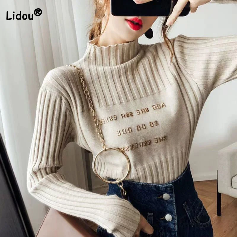 

All-match Fashion Gilding Letter Printing Knitted Bottoming Shirt Women Autumn Winter Half Height Collar Pit Strip Loose Tops