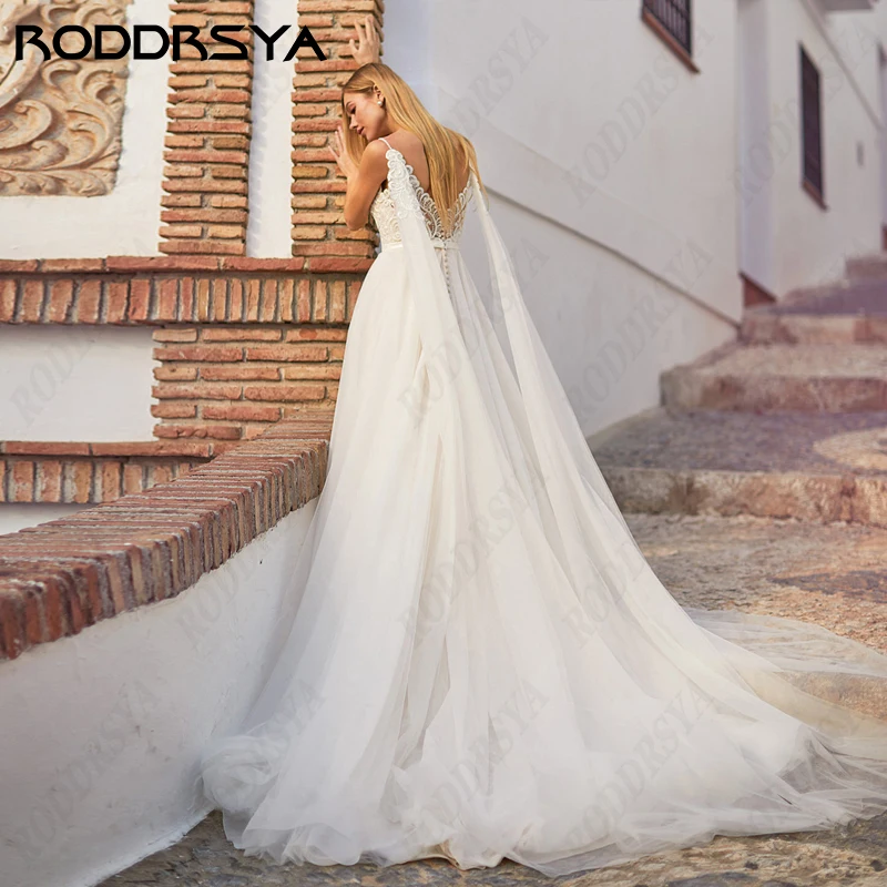 RODDRSYA Encantador Spaghetti Straps Vestido De Noiva Para A Noiva Sexy V-Neck Backless Vestido Novia Civil A-Line Tulle Vestidos De Noiva Encantador Spaghetti Straps Vestido De Noiva Para A Noiva Sexy V-Neck Backless