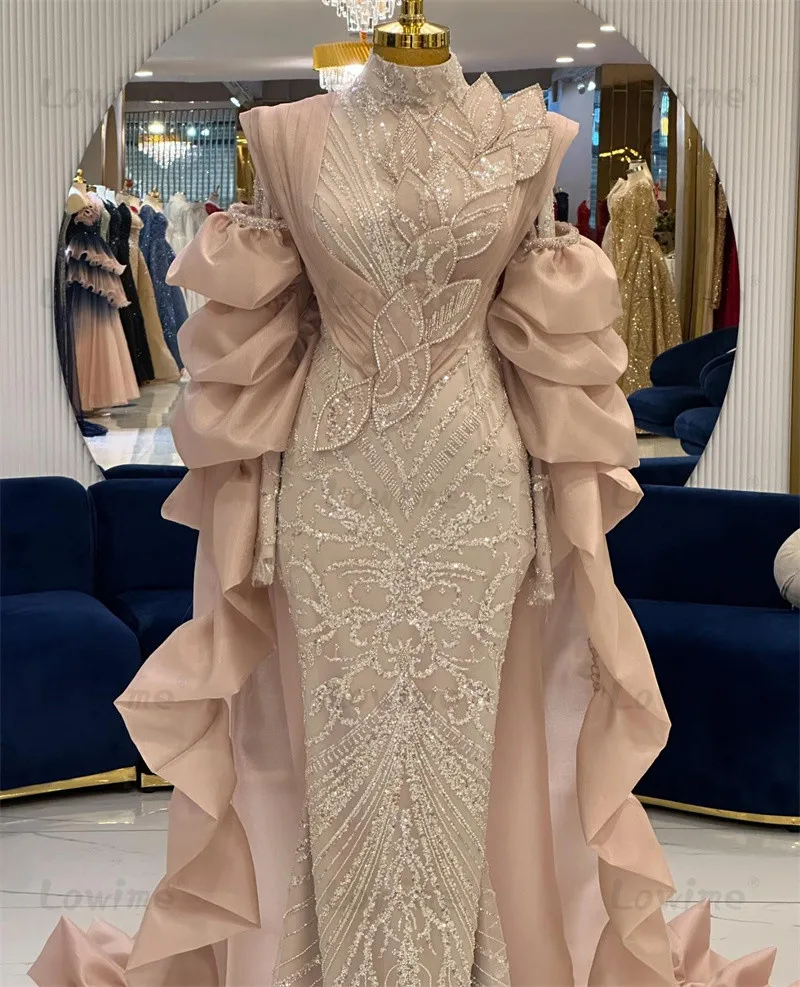 High Quality Customized 3D Leaf Design Dubai Long Sleeve Evening Dresses With Ruffles Cape Sleeve Arabic Muslim Prom Party Dress