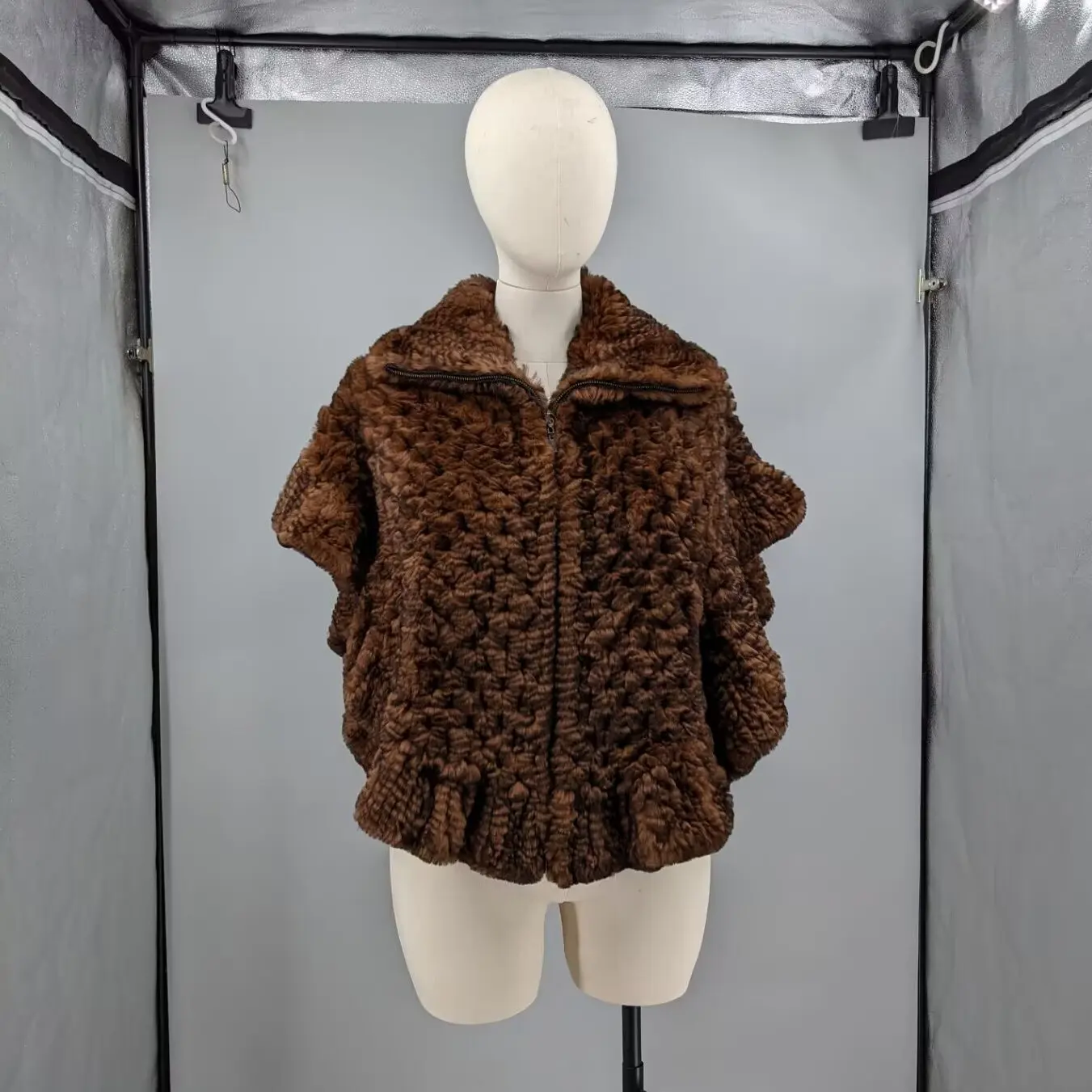 Women Coffee Brown Real Knitted Rex Rabbit Fur Cape Shawl Stand Collar Open Front Luxury Warm Winter Fur Wrap Outerwear 24A1152