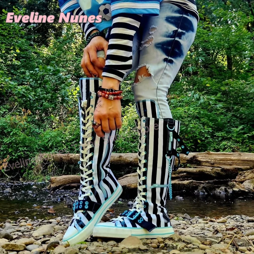 Y2K Gothic Striped Canvas Boots Chain Buckle Details Lace Up Mixed Color Side Zip Cosplay Women Knee High Boots Street Style - view 3