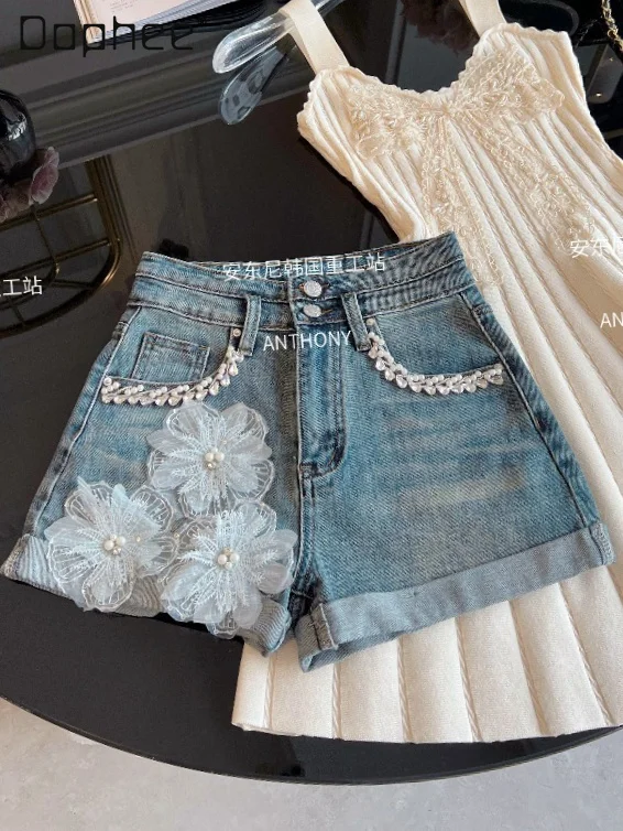 

Summer New Heavy Industry Diamond-encrusted Retro Fashion Blue Denim Shorts Women High Waist Slim Temperament Wide-leg Pants