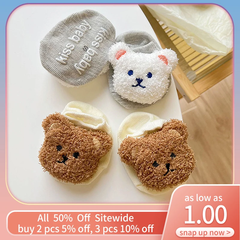 

Носки детские с милым медведем и куклой, Мультяшные короткие носки для младенцев, мягкие хлопковые Дышащие носки для малышей с резиновой подошвой, Нескользящие напольные носки