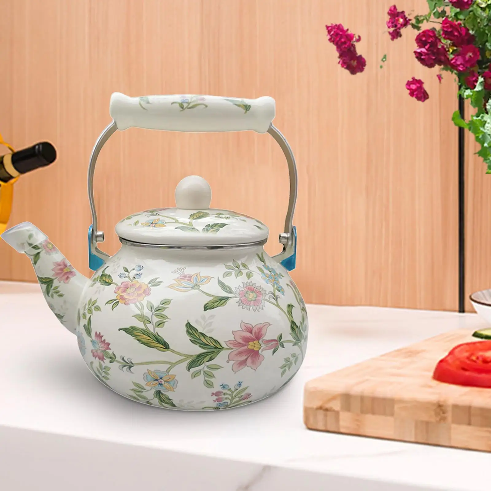 Enamel Tea Kettle Water Kettle Comfortable Grip Sturdy Green Floral Enamel Pot