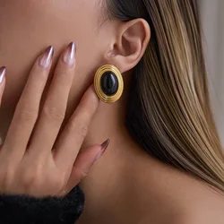 Fashion Vintage Oval Black Natural Stone Stud Earrings for Women 18k Gold Plated Stainless Steel Tarnish Free Waterproof Jewelry