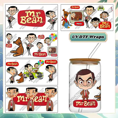 Mr. Bean Cartoon UV DTF Cup Wraps Transfer Waterproof Stickers Self-Adhesive for 16oz Glass Libbey Can Bottle Comedy Character