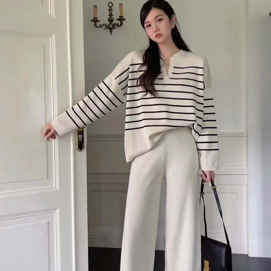 

Fashion Suit Women's Korean Style Loose Striped Knitted Top Two-piece Casual High-Waist Falling Knitted Wide-Leg Pants
