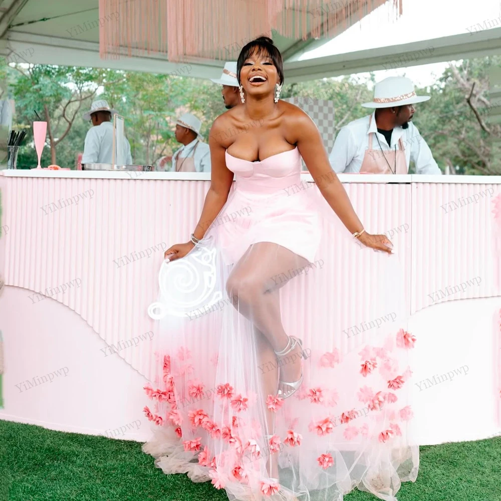 

Aso Ebi Pink Evening Dress Black Girls Strapless Flowers Mini Birthday Dress Sexy Dress African Women Party Dresses Customized