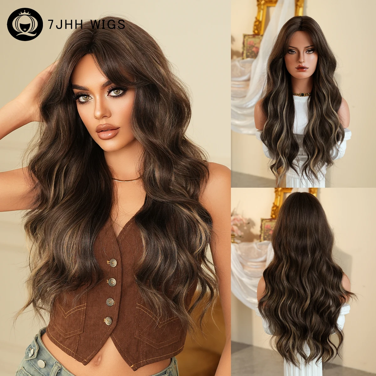 7JHH WIGS Long Water Wavy Mocha Brown Wig for Women Modest Fashion Synthetic Middle Part Chocolate Wigs with Curtain Bangs