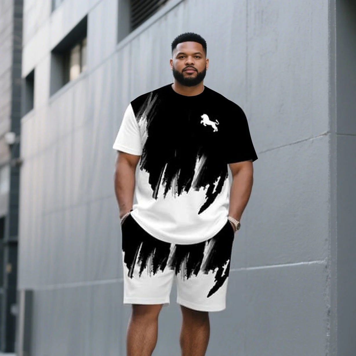Men's Plus Size Black and White T-Shirt and Shorts Set, Stripe or Brushstroke Print, Short Sleeve Crew Neck, Summer Wear, S-9XL