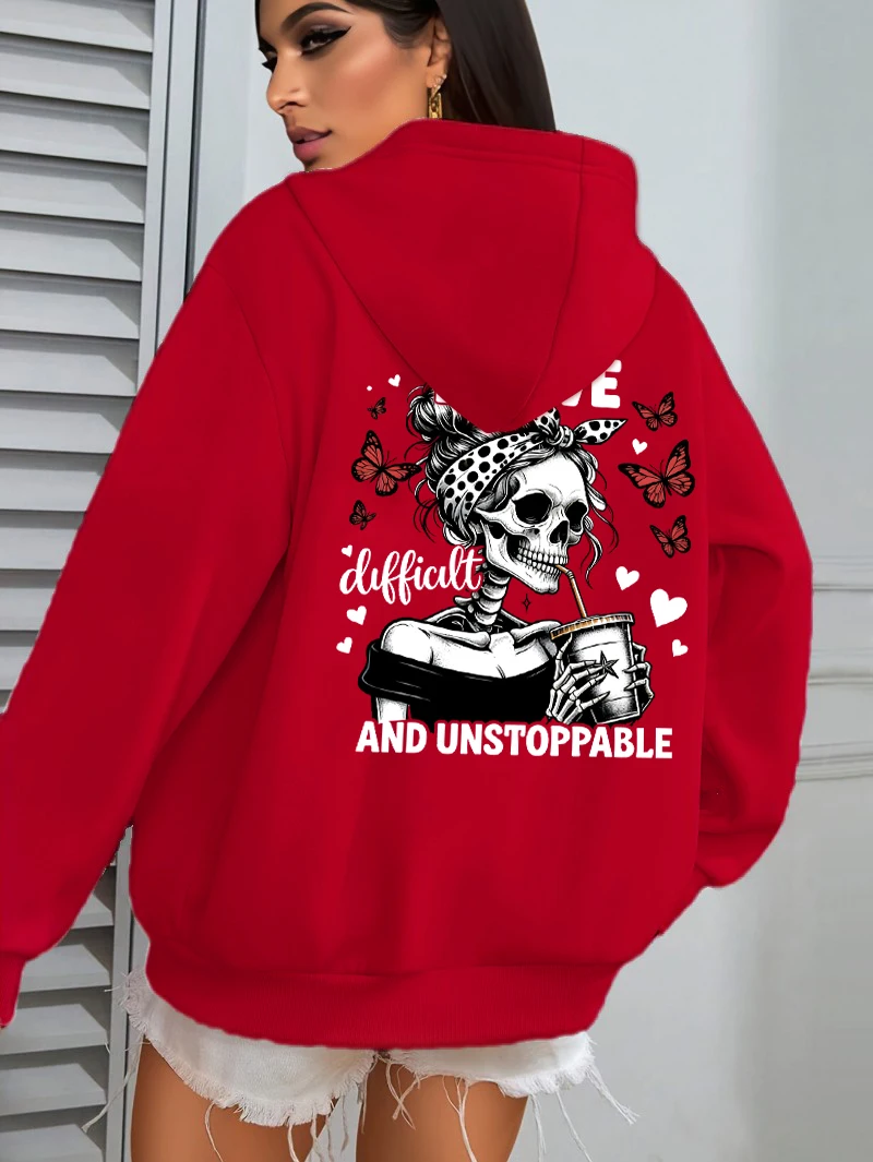 Dappere Moeilijke Drankjes Vlinder Schedels Afdrukken Hoodies Vrouwen Hip Hop Herfst Hoodie Pocket Losse Streetwear Fleece Y2K Trui