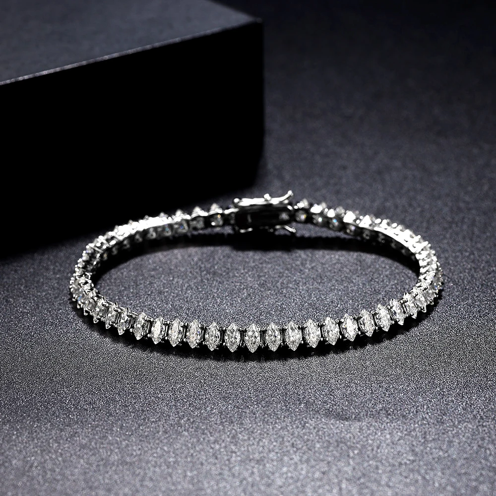 QIBAOKU 2*4mm Marquise Cut Moissanite Tennis Bracelets S925 Silver for Women Diamond Hand Chain Party Gifts Fine Jewelry 2026