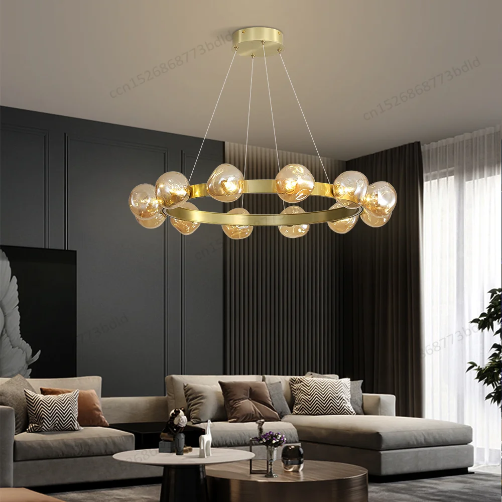 

Nordic Pendant Lights Gold Round Living Room Amber Glass Ball Pendant Chandelier Restaurant Creative Dining Room Chandeliers