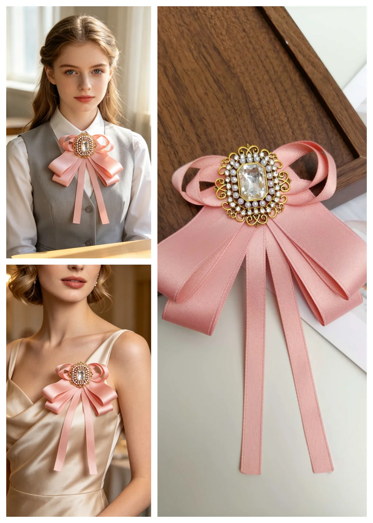 Gentle Girly Pink Matte Satin Double-Layered Bow Tie, Vintage Gold Floral Frame Square Large Crystal Pearl Embellished Collar Accessory, Elegant Women's Shirt Dress Decorative Collar Flower, Wedding Dress Photo Shoot W