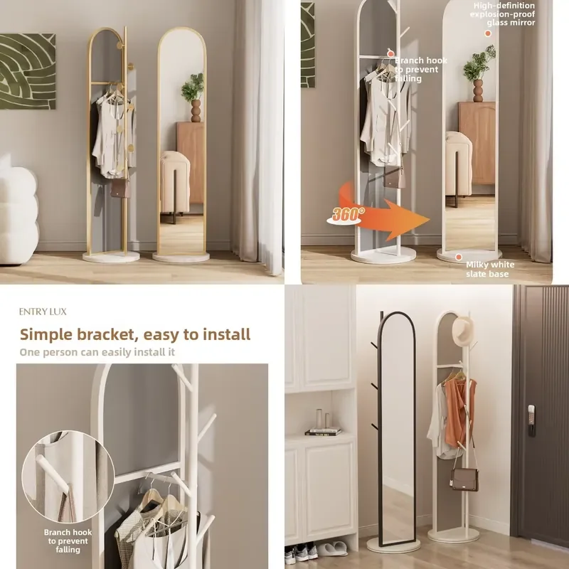 Cream Floor to Ceiling Full Length Mirror with Slate Base Rotatable Multi Functional Modern Minimalist Design