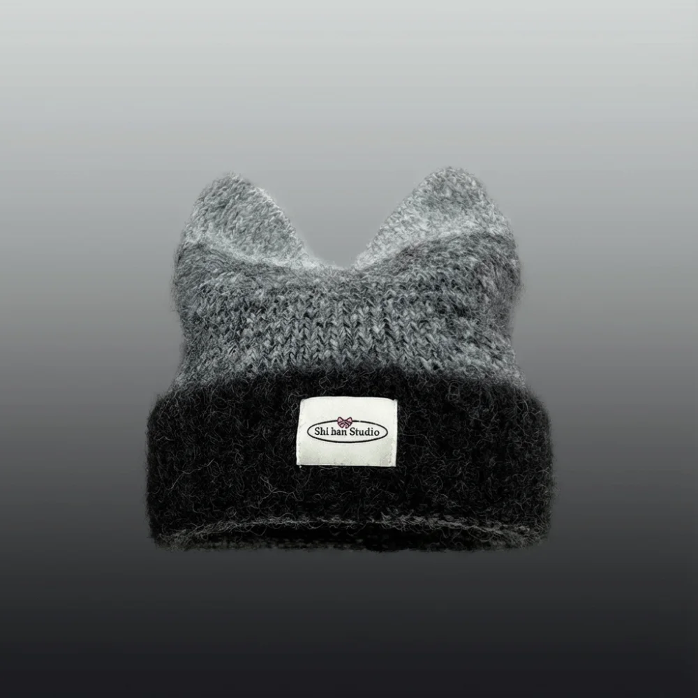 New Gradual Change Color Knitted Hat Yarn Warm Winter Hat Cat Ears Shape Cute Beanie Hat Outdoor