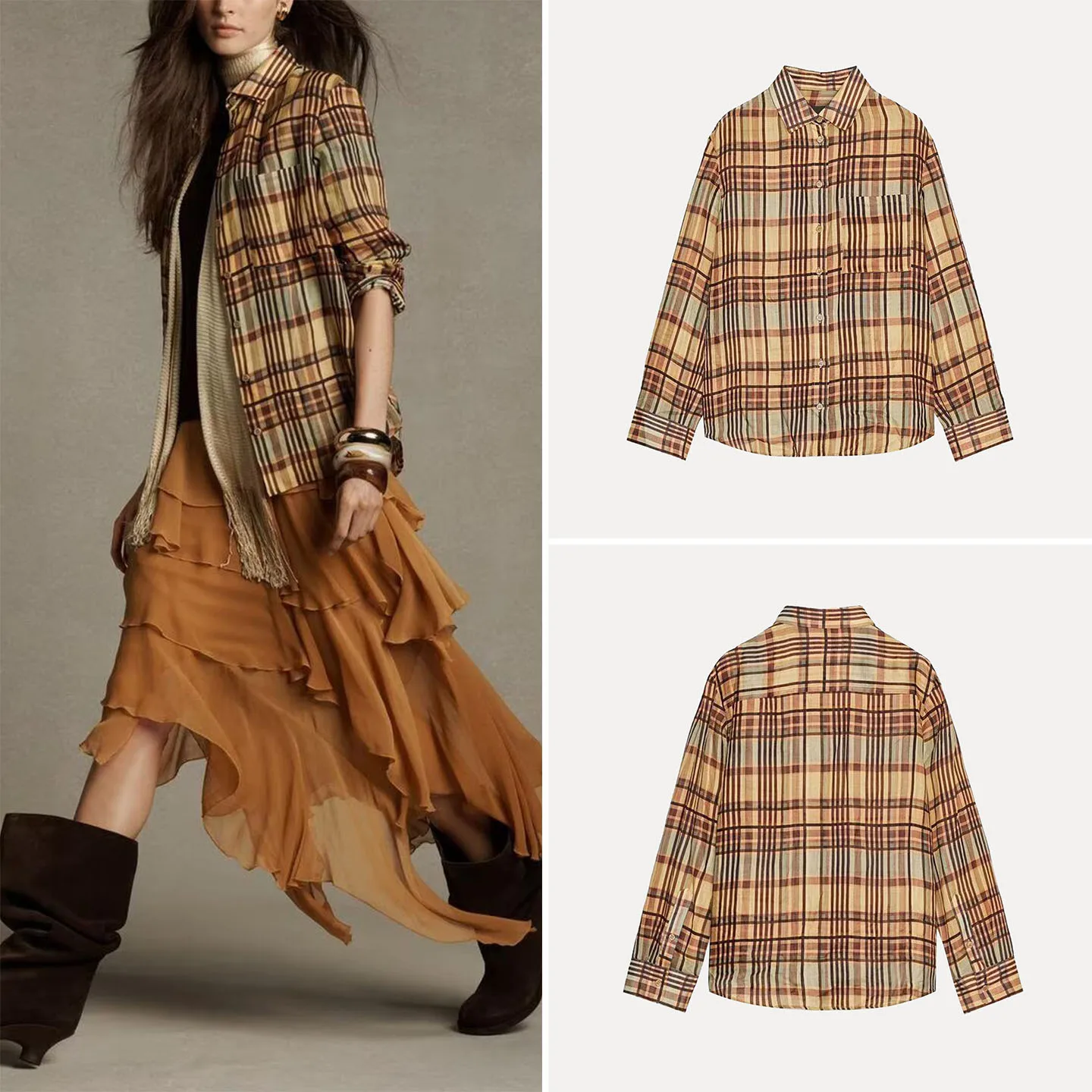 

Новинка осени 2022, женская модная повседневная клетчатая одежда в клетку с прямым вырезом из полиэфирного волокна, длинная све, повседневная одежда