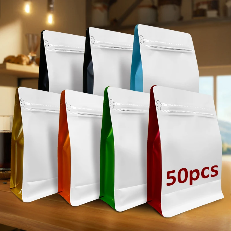 50szt Ośmioboczna folia aluminiowa z płaskim dnem Pokrowiec z zamkiem błyskawicznym do recyklingu Stojąca torba do pakowania kawy na żywność do przechowywania