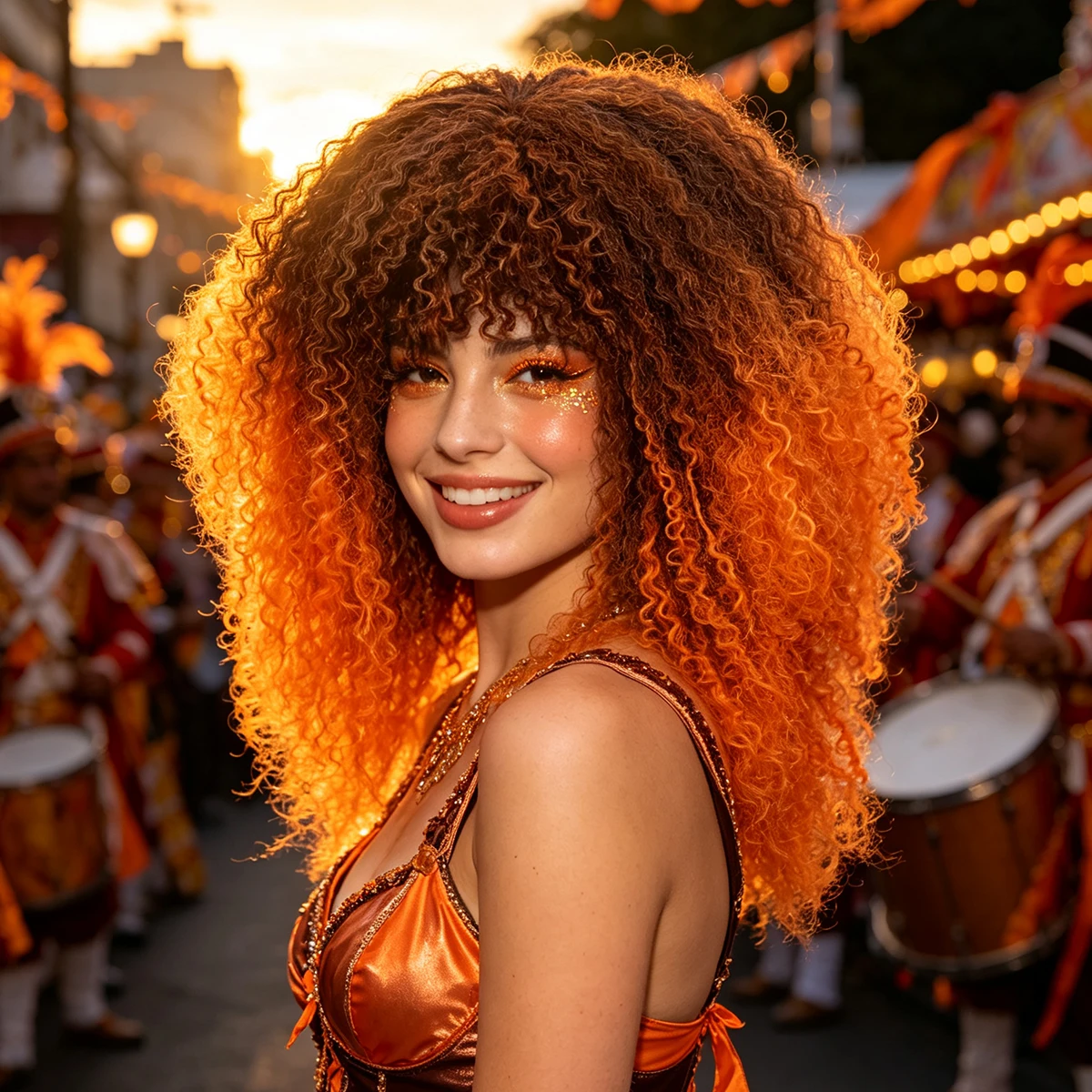 Brown Root Orange Ombre Afro Curly Wig Synthetic Hair Tiny Curl Bangs Hip Hop Cosplay Halloween Costume Party Full Wigs forWomen