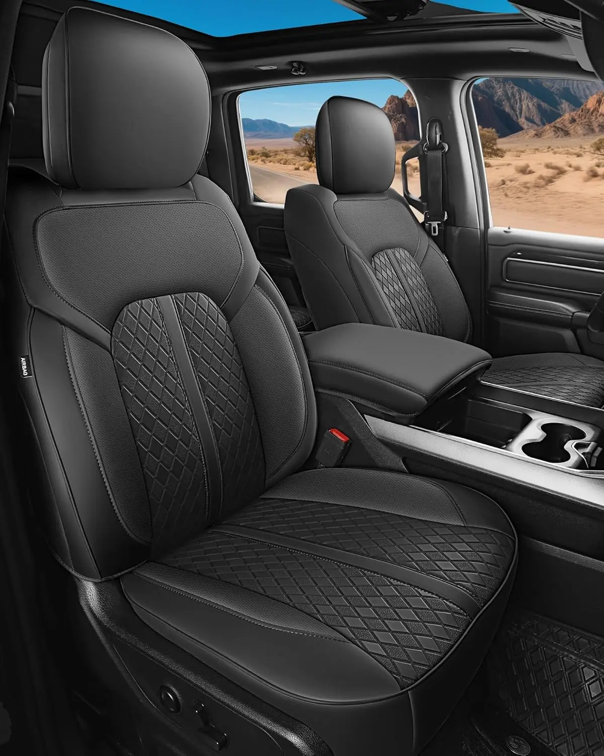 Dodge Ram truck seat covers, leather, black, custom full set for 2019 - 2026 Crew Cab 1500, 40/60 split flat bench
