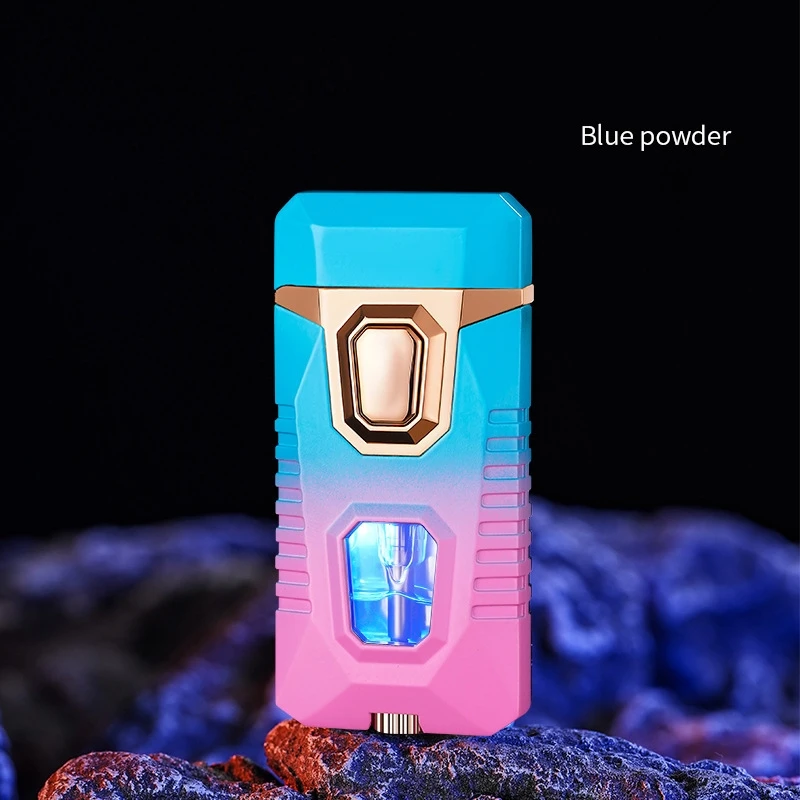 New Metal Windproof Double Jet Flame Butane Gas Lighter Transparent Oil Window LED Blue Light Originality Personalized Lighter