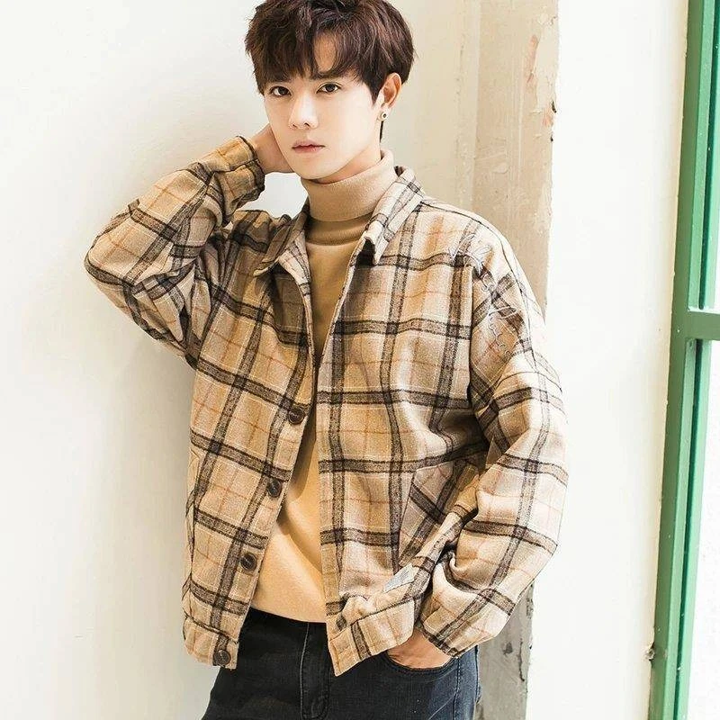 

​ Мужская шерстяная клетчатая бейсбольная куртка в корейском стиле для студентов колледжа, весна-осень, модная верхняя одежда ​
