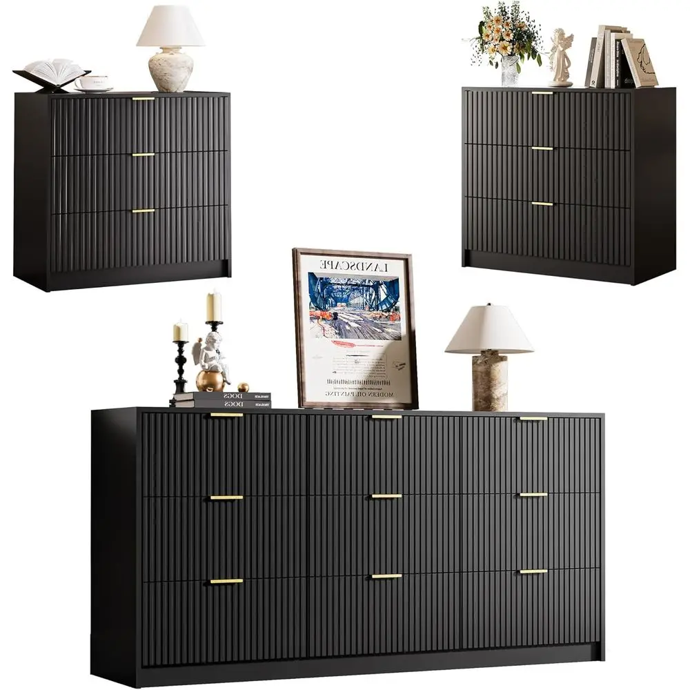 

3-Piece Bedroom Set: 9 Drawer Dresser & 3 Drawer Nightstands with Gold Handles, Luted Wood Chest for Bedroom, Living Room, or En