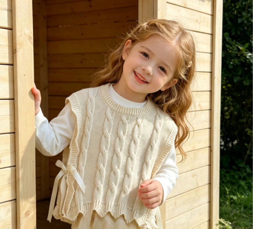 Knitted Vest Lace Trim Sleeveless Waistcoat Toddler Gilet Kid Sweater Tank Top For Spring Autumn Casual Daily Layering Outerwear