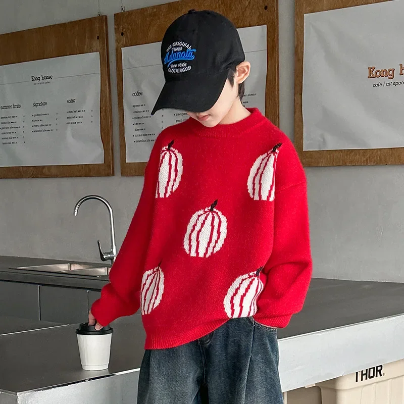 

Children's Autumn and Winter Knitted Sweater Boy Fruit Print Red Simple Casual Fashion Top