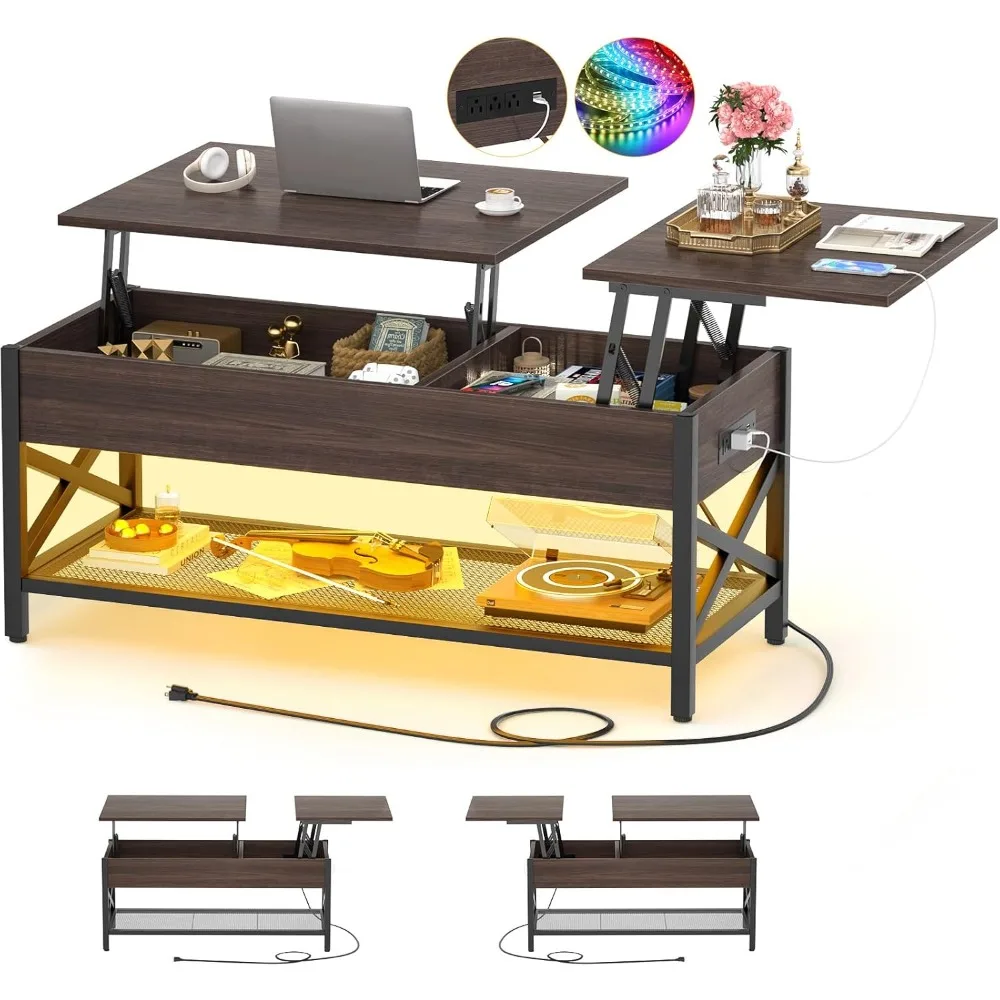 

Coffee Table, Lift Top Coffee Table with LED light and Power Outlet, Modern Lift-Top Table with Storage Shelf, Center Table for