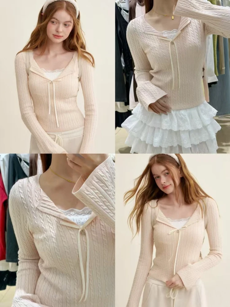 

Autumn Sweet Warm New Pink Knit Cardigan Women Fashion Design Kawaii Lace Long Sleeve Knitwear Elegant Casual Sexy Thin Pullover