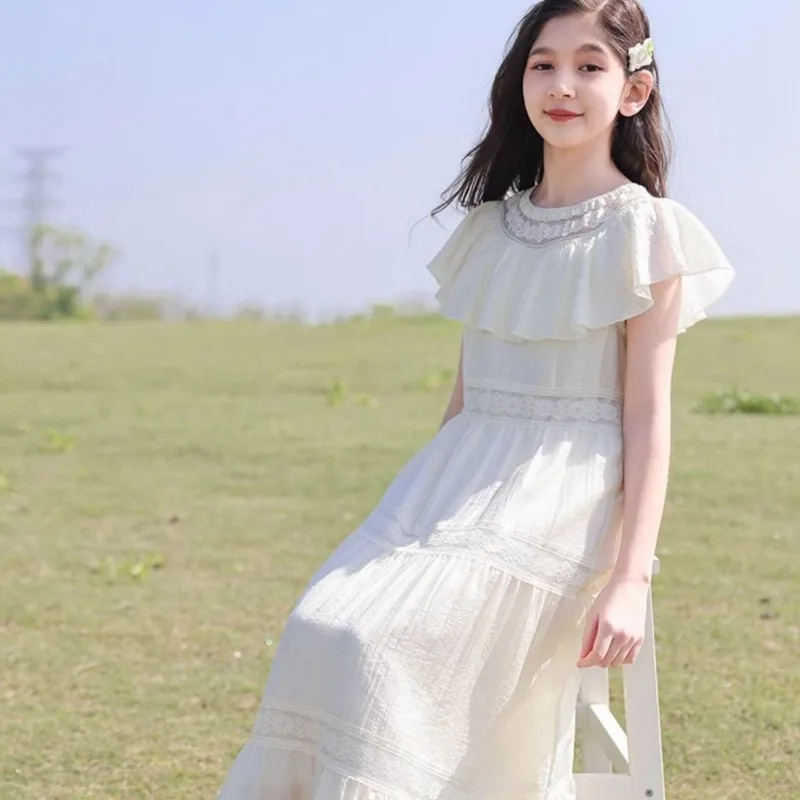 

Patchwork Lace Princess Dress Children's Girly Dresses Beach White Girl Girls Party Pink Elegant Teen Clothes Tweens Clothing