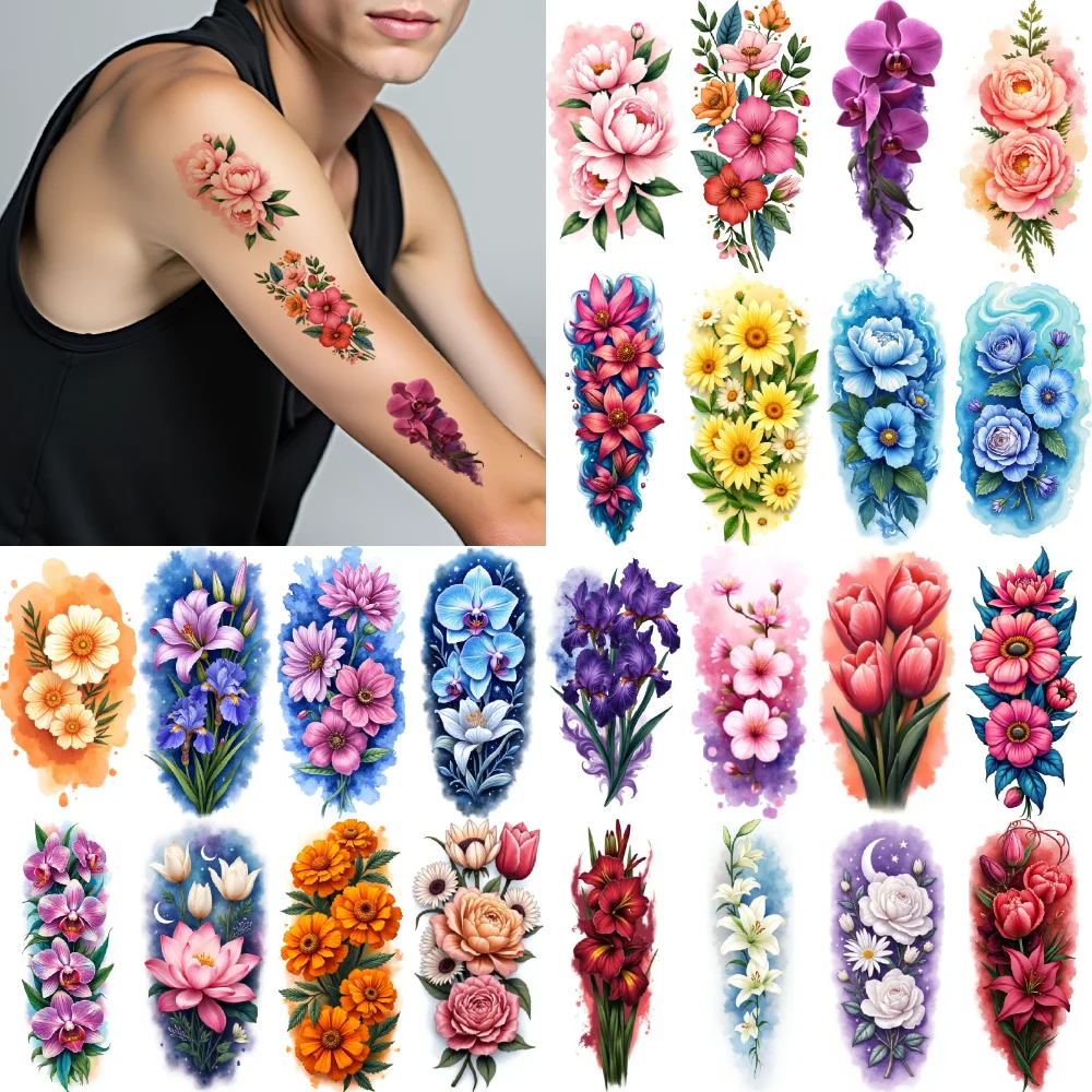 

9pcs Temporary Tattoo Realistic Temporary Tattoos Sunflower Hydrangea Marigold For Thighs Adult Shoulders