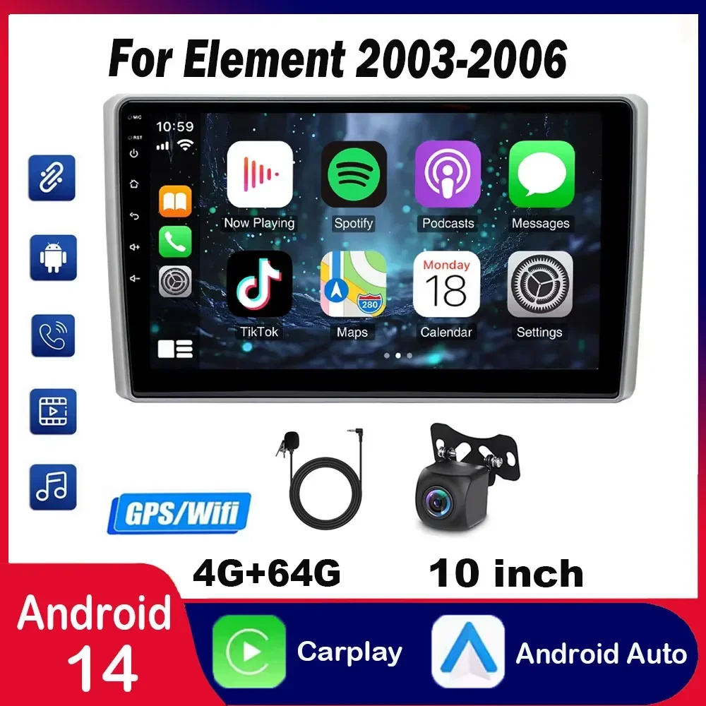 راديو سيارة مع نظام تحديد المواقع والملاحة لهوندا إليمنت 2003-2006 أندرويد 14 ملاحة السيارة 10 بوصة carplay أندرويد وظائف السيارات 4 + 64G