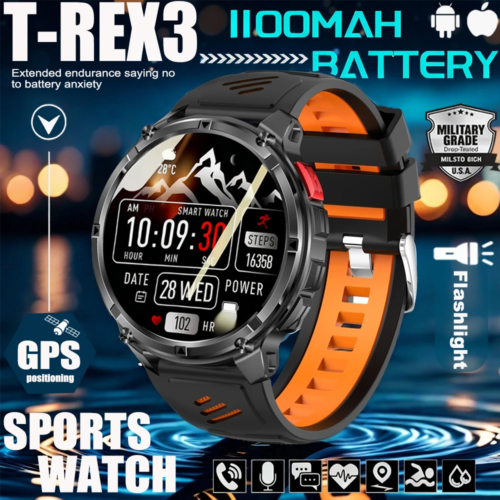 

Новые смарт-часы T-REX3 2026 года с аккумулятором 1100 мАч, водонепроницаемость 10 АТМ, GPS, Bluetooth-звонки, 1,7-дюймовый AMOLED HD-дисплей, спортивный фонарик, для мужчин
