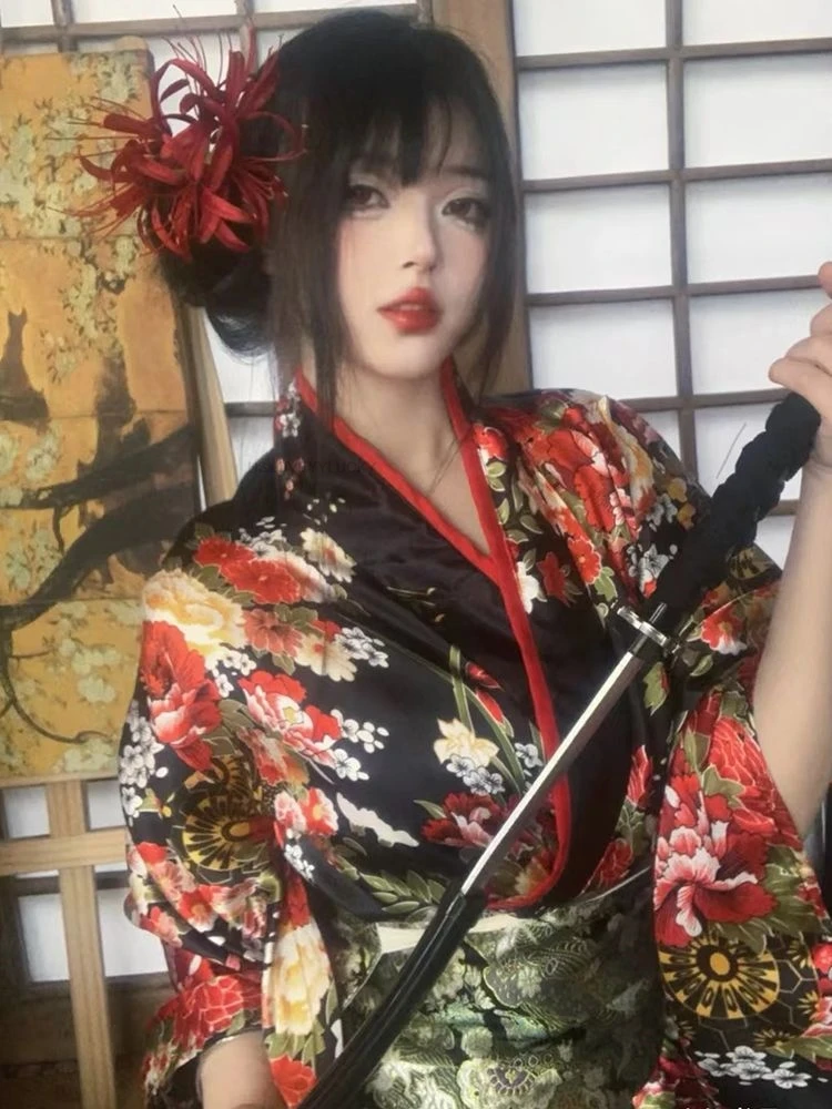 Japanese Traditional Kimono Cardigan Women Dress Bath Robe Yukata Geisha Cosplay Clothing Asian Performance Photoshooting