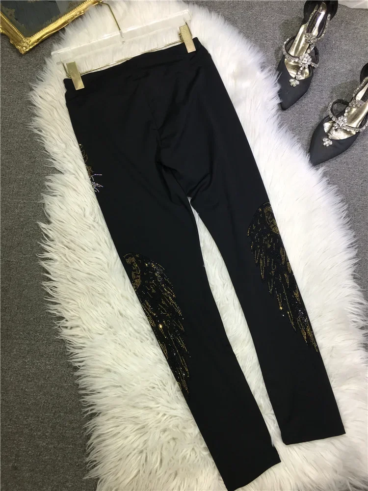 Leggings negros ajustados de cintura alta para mujer, pantalones de tiburón de pies pequeños, alas de tigre de dibujos animados, calientes, diamantes, otoño