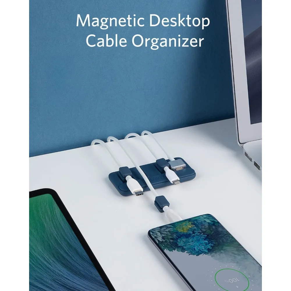 Magnetic cable holder, desktop multi-purpose cable holder, 5 lightning cable clamps, USB C/micro cable, glued to wood