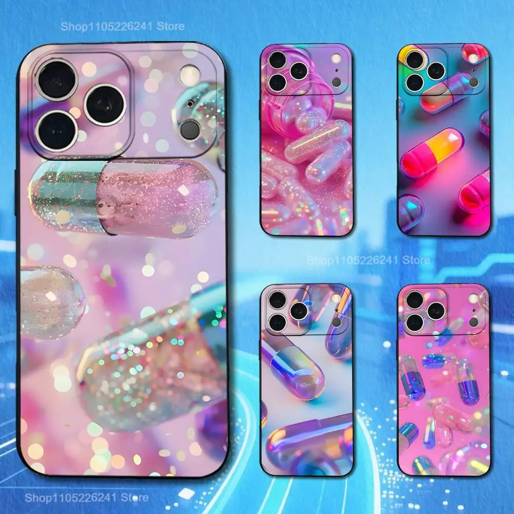 

Colorful Dream Pills Case For iPhone 11,12,15,14,13,16,17,Plus,Pro Max,XS,X,XR,SE,Mini,8,7,Soft Silicone Black