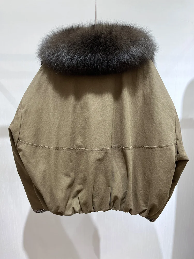 เสื้อโค้ทขนห่านขาวสำหรับผู้หญิงฤดูหนาวปี 2025 พร้อมปกขนสุนัขจิ้งจอกธรรมชาติ เสื้อแจ็คเก็ตยีนส์ผู้หญิงสุดหรู