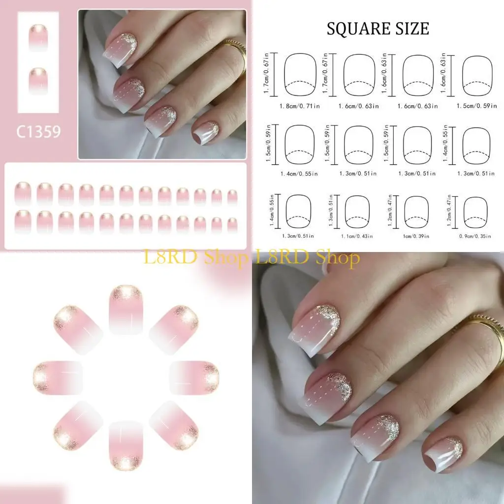 

L8RD 24Pieces French Styles False Glitters White Tip Press On Salon Quality
