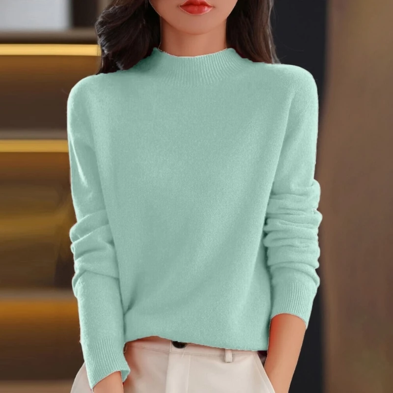 573B Women Casual Long Sleeve Turtleneck Sweater Soft Warm Lightweight Polyester Knit Pullover For Fall Winter